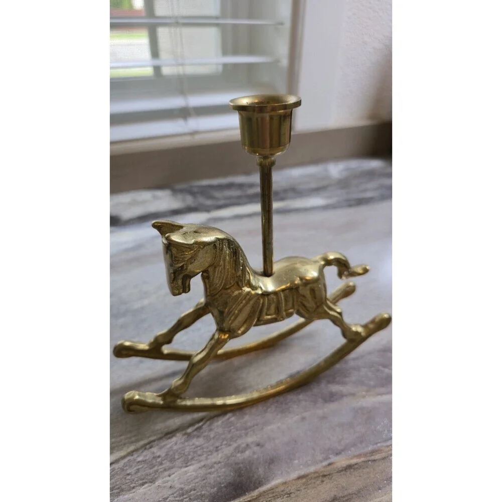Vintage Solid Brass Rocking Horse Candlestick Holder Nursery Decor Taper Candle